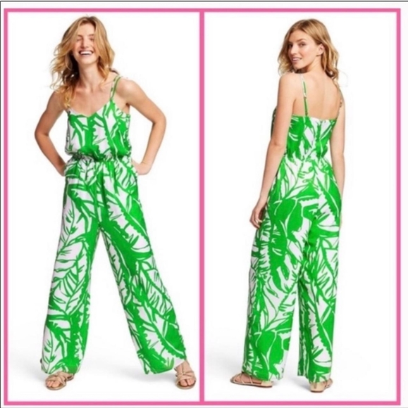LILLY PULITZER For Target tropical Island Green/White Satin Jumpsuit Sz XS - Picture 2 of 8